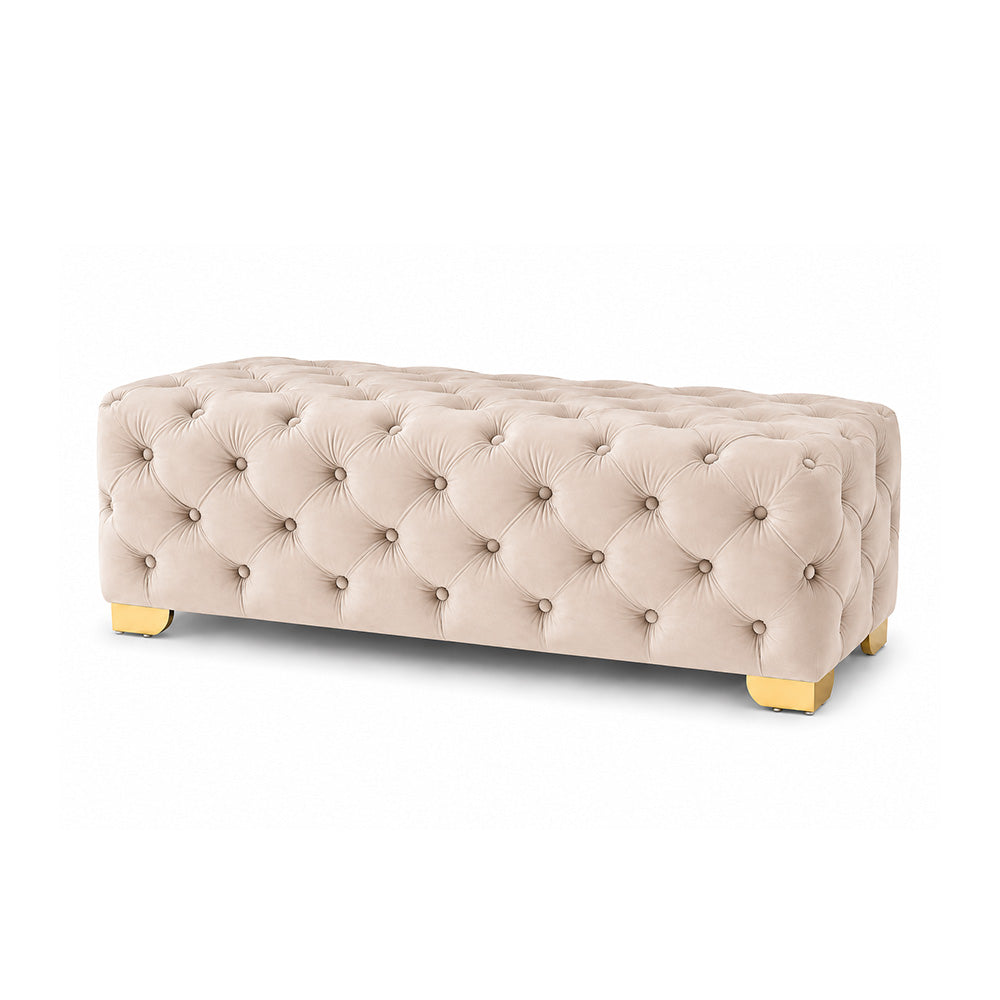 Blue Velvet Tufted Bench with Gold Base