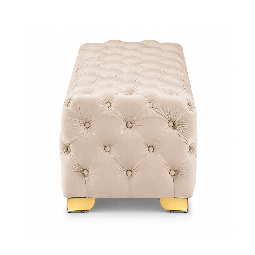 Blue Velvet Tufted Bench with Gold Base