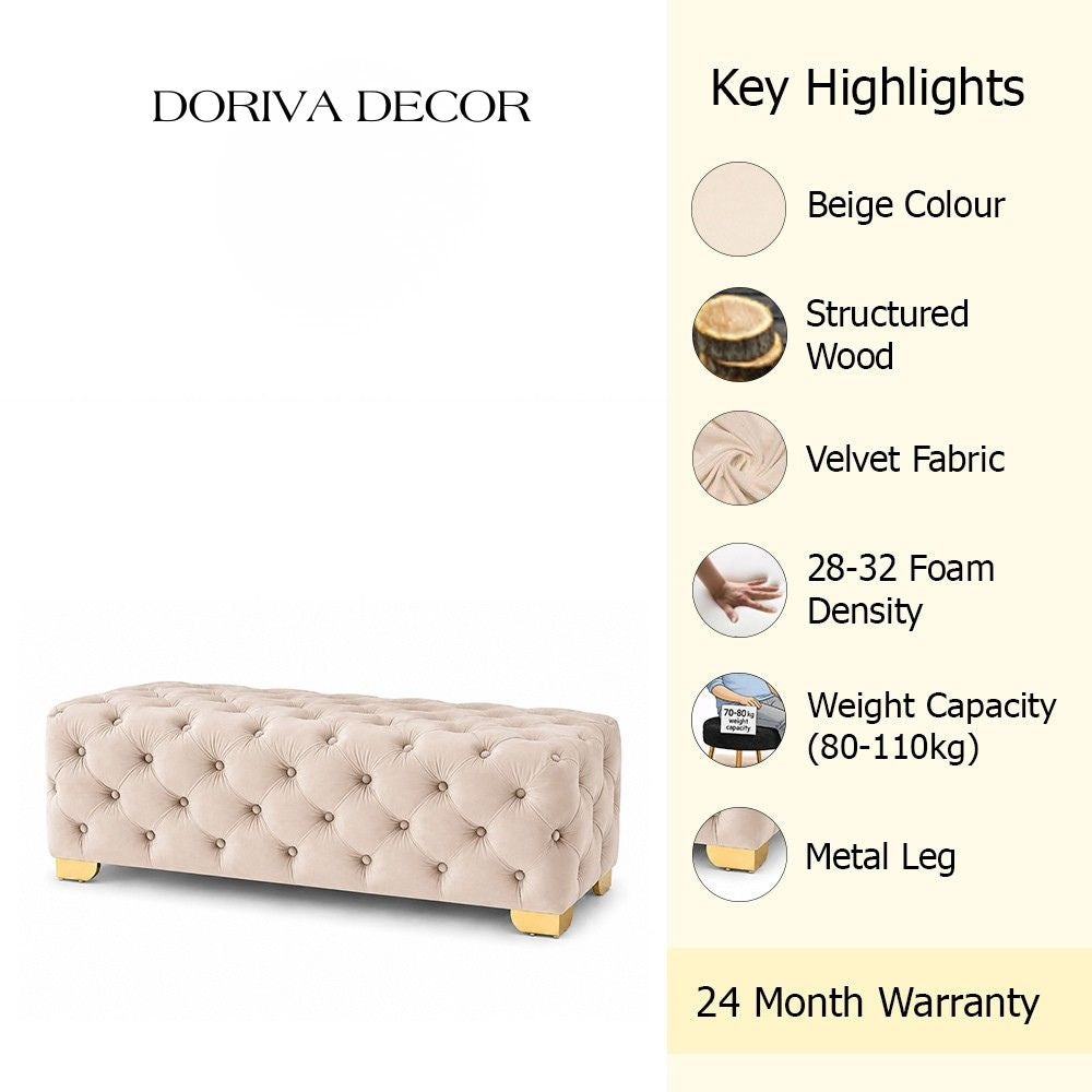 Blue Velvet Tufted Bench with Gold Base