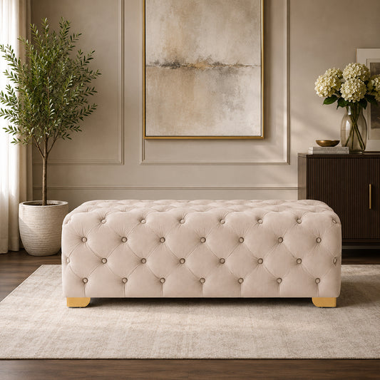 Blue Velvet Tufted Bench with Gold Base