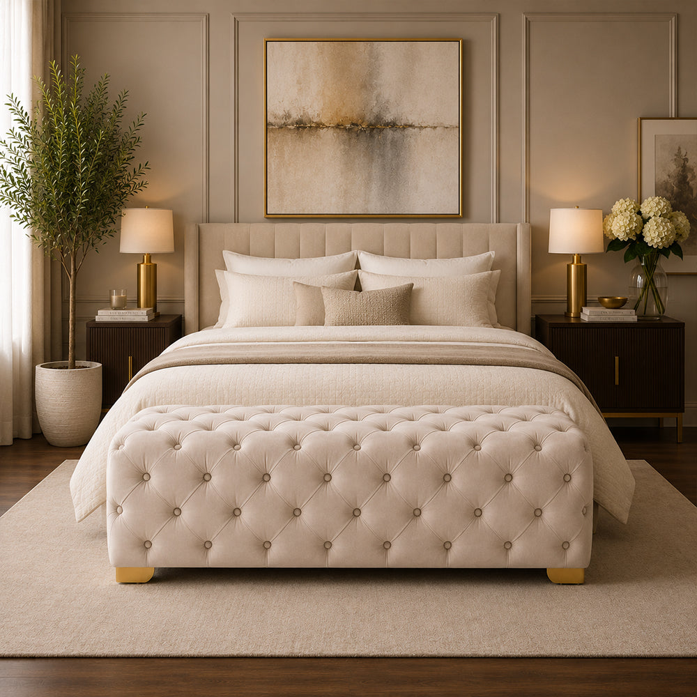 Blue Velvet Tufted Bench with Gold Base