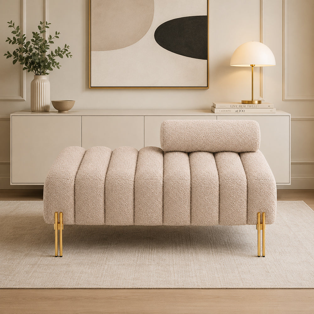 Beige Boucle Accent Lounge Chair with Gold Metal Legs