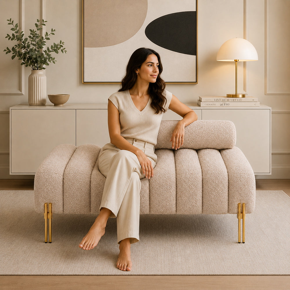 Beige Boucle Accent Lounge Chair with Gold Metal Legs