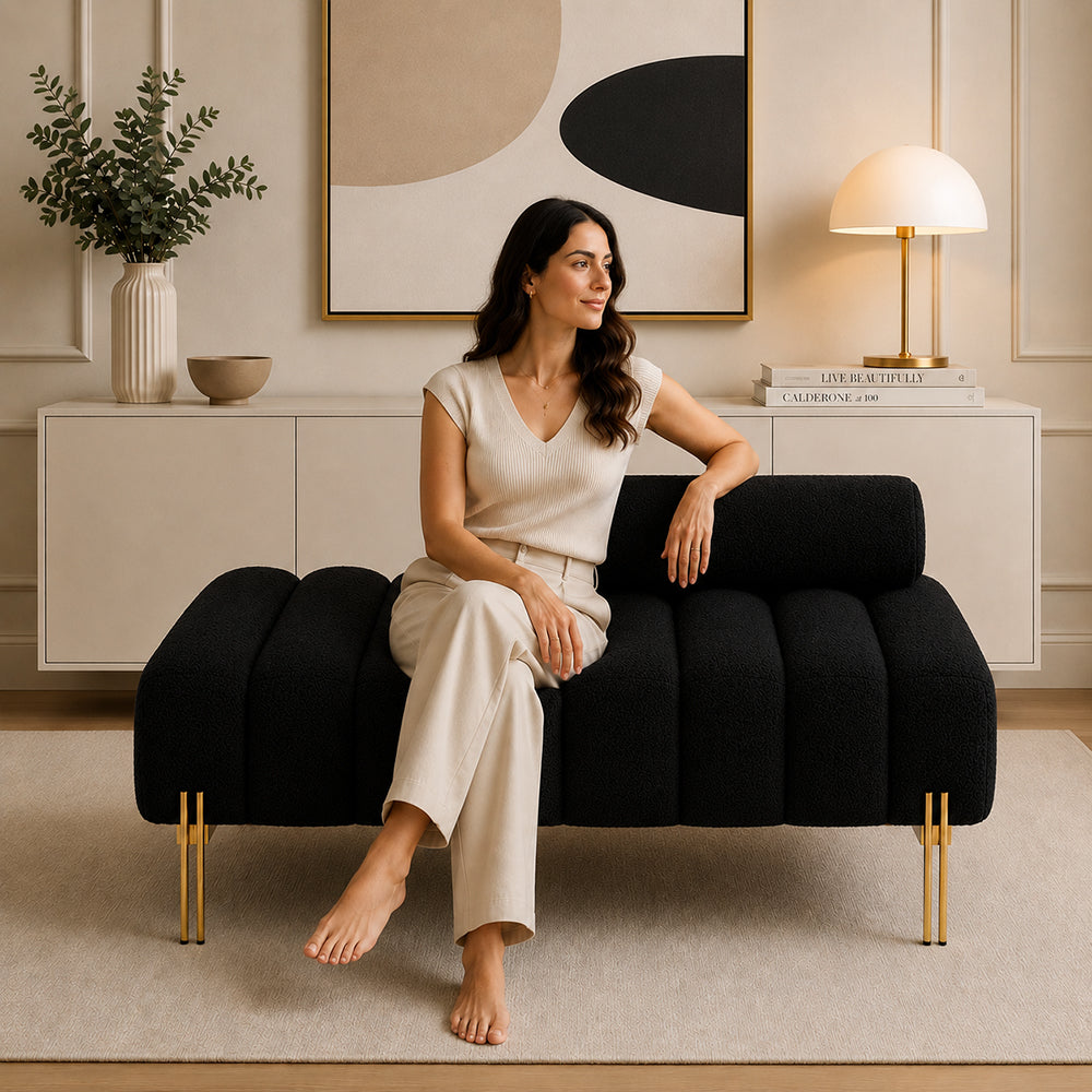 Black Boucle Accent Lounge Chair with Gold Metal Legs
