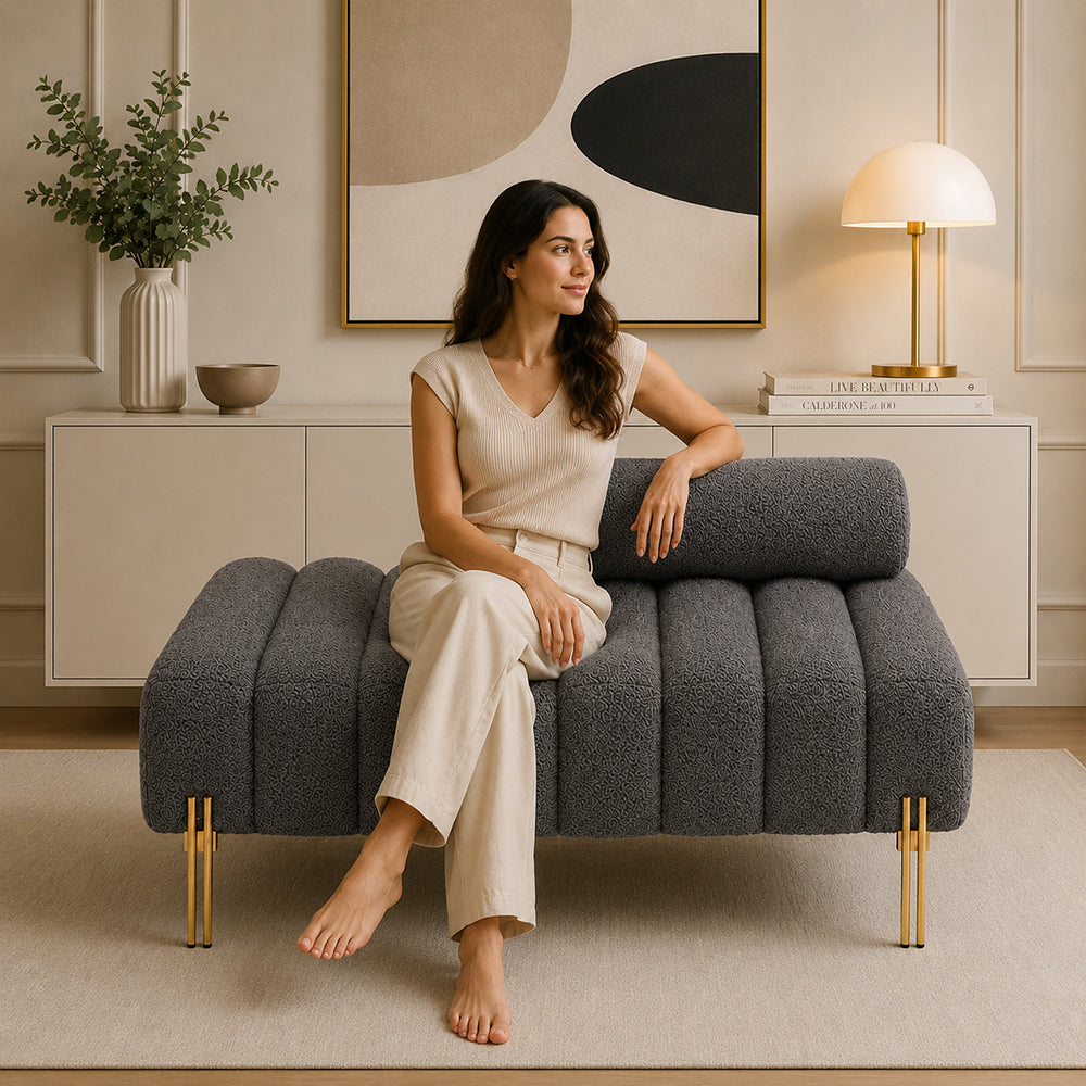 Grey Boucle Accent Lounge Chair with Gold Metal Legs