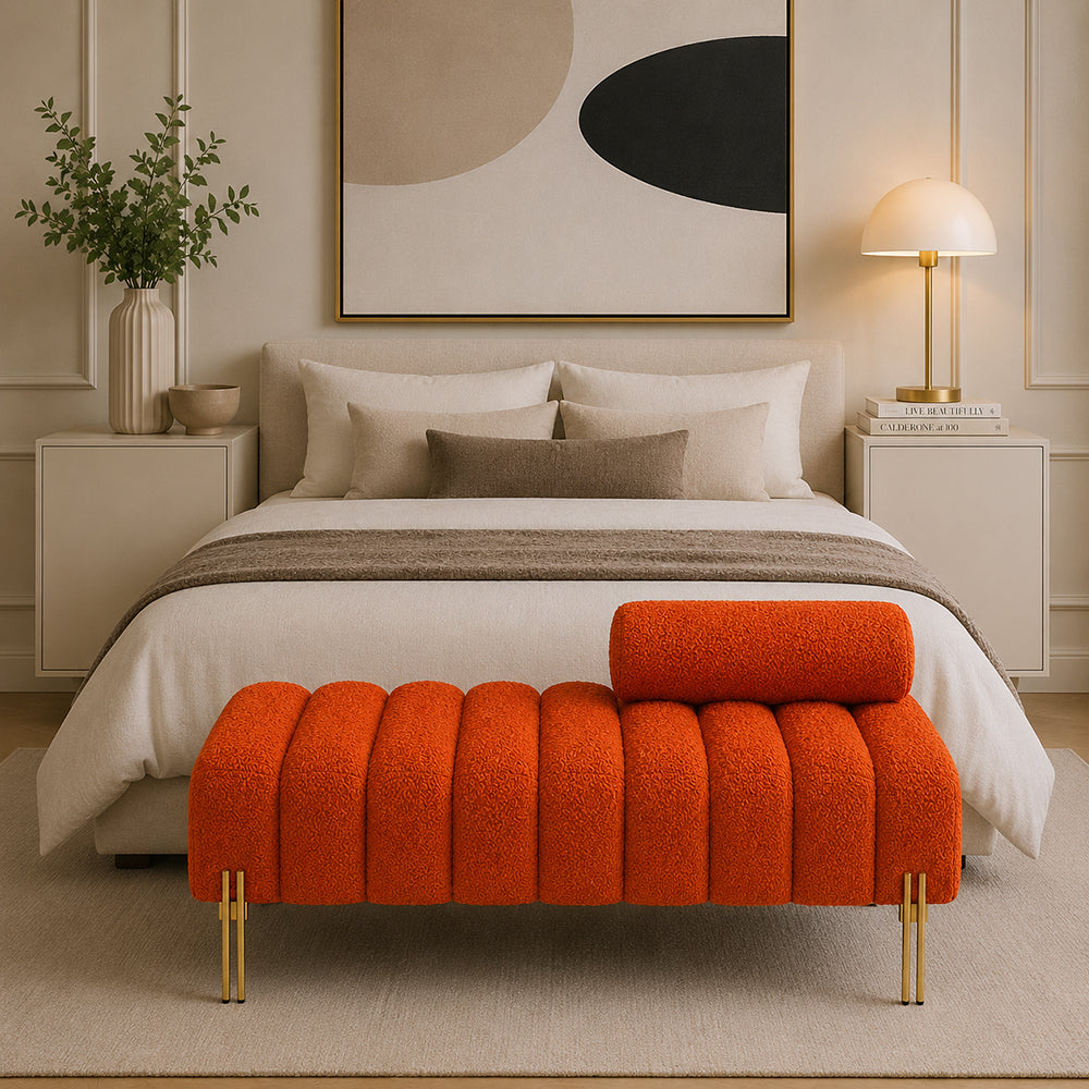 Orange Boucle Accent Lounge Chair with Gold Metal Legs
