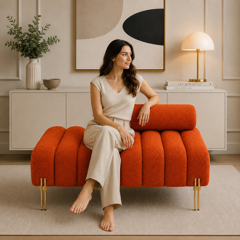 Orange Boucle Accent Lounge Chair with Gold Metal Legs