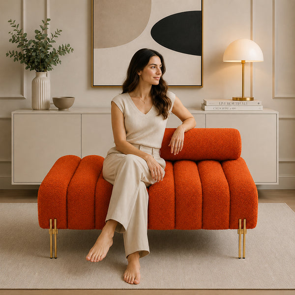 Orange Boucle Accent Lounge Chair with Gold Metal Legs
