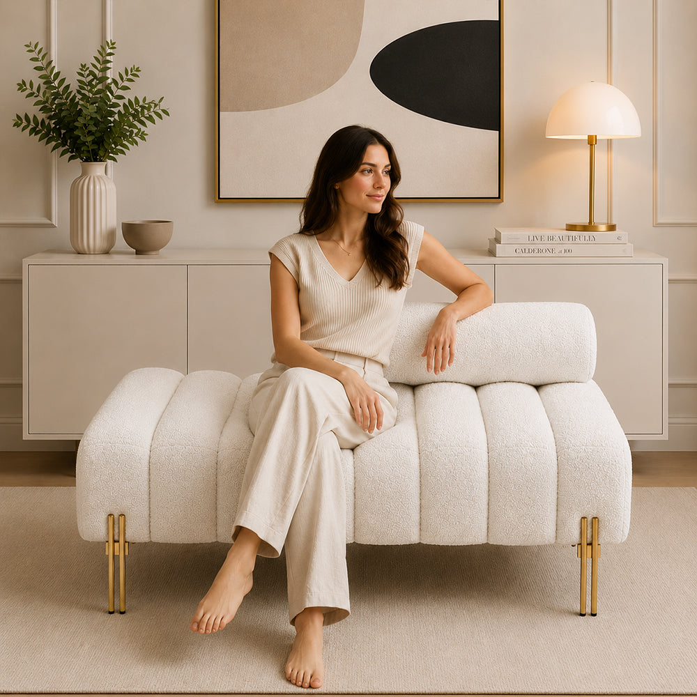White Boucle Accent Lounge Chair with Gold Metal Legs