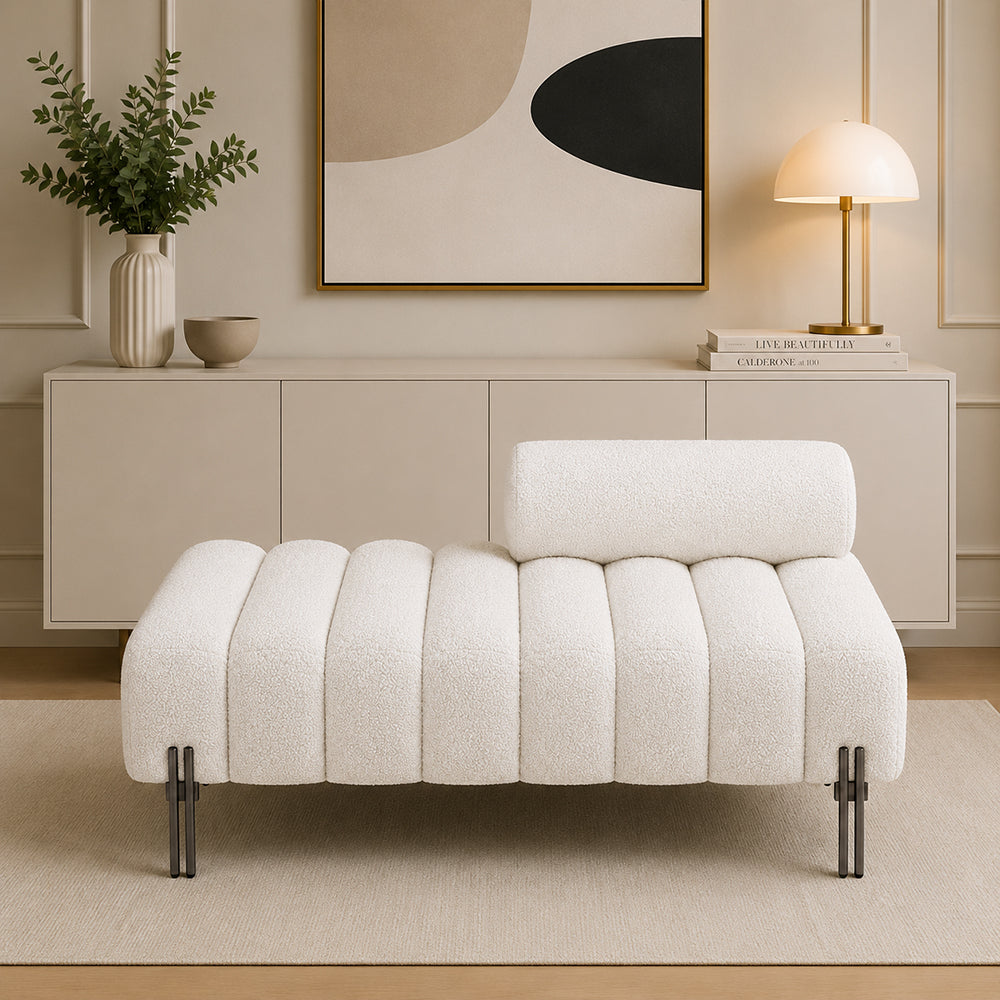 White Boucle Accent Lounge Chair with Black Metal Legs