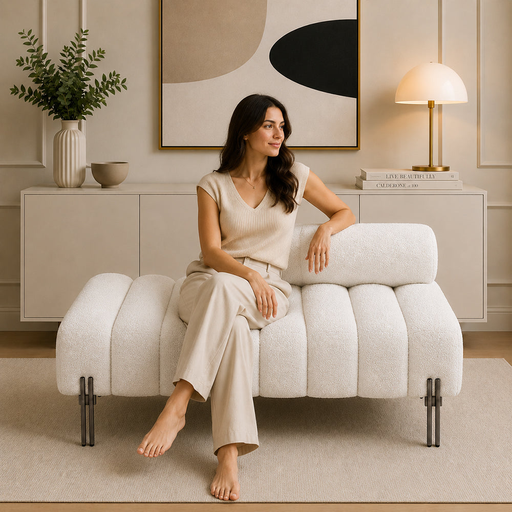White Boucle Accent Lounge Chair with Black Metal Legs