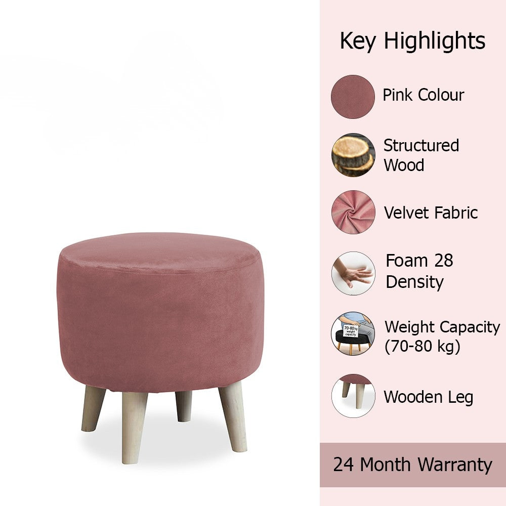 Urban Pink Velvet Round Wooden Ottoman