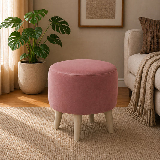 Urban Pink Velvet Round Wooden Ottoman