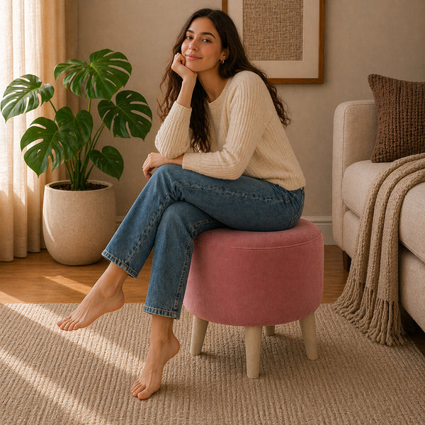 Urban Pink Velvet Round Wooden Ottoman